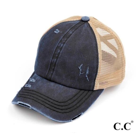 C.C Accessories - RETAIL $25 C.C. Distressed Pony Tail Criss Cross Ball Cap*Navy*